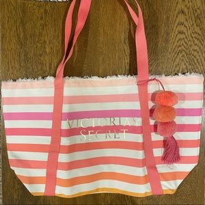 Victoria’s Secret Canvas Pink Stripe Pom Pom Bag Weekender Tote